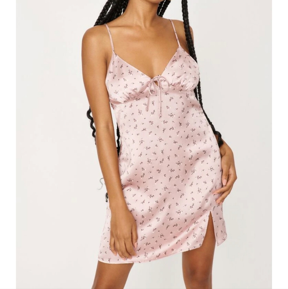 Garage Brandy Satin Slip Dress Women's L Strappy Mini Mauve Pink Ditsy Floral